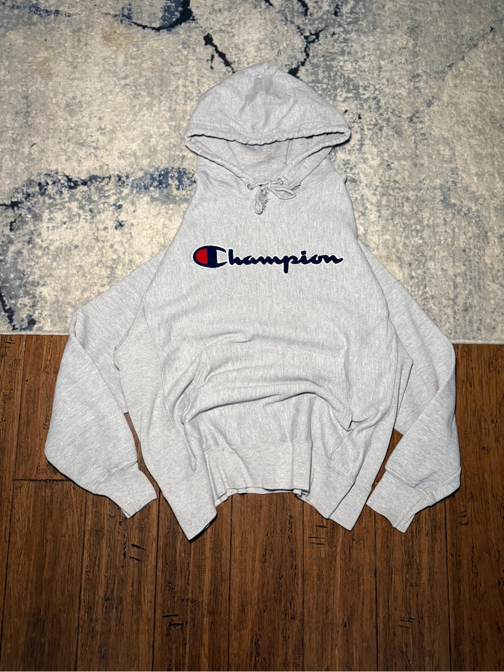 Champion Light Gray Pullover Hoodie with Navy & Red Logo